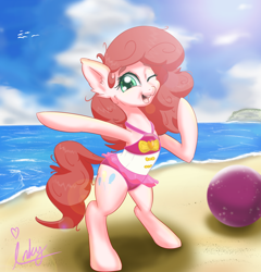 Size: 1280x1335 | Tagged: safe, alternate version, artist:inkypuso, pinkie pie, earth pony, pony, g4, beach, beach ball, bipedal, clothes, cloud, cute, diapinkes, equestria girls outfit, female, mare, ocean, one eye closed, open mouth, open smile, signature, sky, smiling, solo, swimsuit, wink