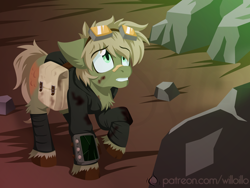 Size: 1600x1200 | Tagged: safe, artist:willoillo, oc, oc only, oc:murky, pegasus, pony, fallout equestria, fallout equestria: murky number seven, bag, bandaid, bandaid on nose, clothes, fanfic art, goggles, lightly watermarked, looking up, pegasus oc, pipbuck, saddle bag, watermark