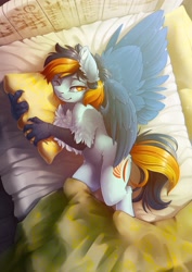 Size: 2480x3508 | Tagged: safe, artist:arctic-fox, oc, oc only, oc:skysail, hippogriff, bed, bedroom, bedroom eyes, bedsheets, chest fluff, cute, ear fluff, hug, looking at you, male, overhead view, pillow, pillow hug, snuggling, solo, spread wings, talons, waking up, wings