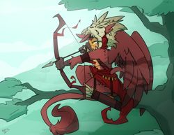Size: 3300x2550 | Tagged: safe, artist:bbsartboutique, oc, oc only, oc:fynnegan, griffon, anthro, arrow, aztec, bow (weapon), fog, forest, headdress, high res, male, skull, solo, tree, tree branch