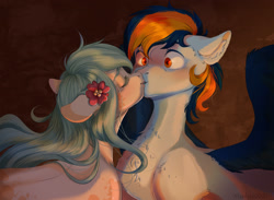 Size: 2508x1835 | Tagged: safe, artist:marilyn, oc, oc only, oc:seascape, oc:skysail, earth pony, hippogriff, pony, blushing, cute, female, flower, flower in hair, kissing, male, not coco, seasail, shipping, spread wings, straight, surprise kiss, surprised, wings