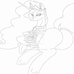 Size: 900x900 | Tagged: safe, artist:beatrizflandes, princess celestia, alicorn, pony, g4, butt, collar, crown, digital art, hooves, horn, jewelry, looking at you, monochrome, plot, regalia, simple background, sketch, spread wings, sunbutt, tail, white background, wings