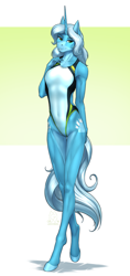 Size: 2242x4750 | Tagged: safe, artist:mykegreywolf, oc, oc only, oc:skybright bliss, unicorn, anthro, unguligrade anthro, abstract background, clothes, female, horn, one-piece swimsuit, open-back swimsuit, solo, sports swimsuit, swimsuit
