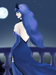 Size: 3000x4000 | Tagged: safe, artist:sonatalicious, princess luna, human, g4, balcony, clothes, crown, dress, evening gloves, female, full moon, gloves, humanized, jewelry, long gloves, looking at you, looking back, looking back at you, moon, night, regalia, sky, smiling, solo, stars