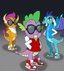 Size: 929x1037 | Tagged: safe, artist:mythril azure, princess ember, smolder, spike, dragon, g4, among drip, clothes, dragon trio, dragoness, drip, female, glasses, jacket, male, shoes, sneakers, varsity jacket