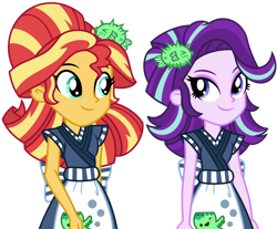Size: 1024x848 | Tagged: safe, artist:emeraldblast63, starlight glimmer, sunset shimmer, eqg summertime shorts, equestria girls, g4, good vibes, clothes, clothes swap, cute, duo, duo female, female, food, glimmerbetes, looking at each other, looking at someone, shimmerbetes, simple background, smiling, starlight sushi, sunset sushi, sushi, transparent background, uniform, vector