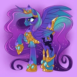 Size: 1773x1773 | Tagged: safe, artist:mediocremare, oc, oc only, oc:nightshade, alicorn, pony, alicorn oc, armor, female, horn, horn guard (armor), mare, not luna, one wing out, raised hoof, solo, standing, wings
