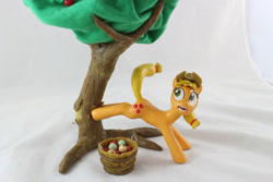 Size: 1280x854 | Tagged: safe, artist:azgchip, applejack, earth pony, pony, g4, accident, apple, applebucking, bucket, bucking, craft, faic, falling, female, food, funny, mare, photo, scared, sculpture, shocked, solo, tree, wax, wide eyes