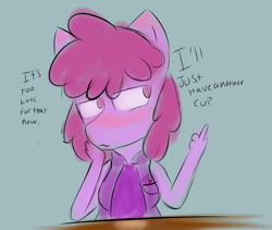 Size: 672x568 | Tagged: safe, artist:leola-kittycorn, berry punch, berryshine, earth pony, pony, anthro, g4, background pony, blushing, clothes, cutie mark, cutie mark on clothes, drunk, ear blush, handwritten text, lyrics, messy coloring, sad, song reference, text, vocaloid, wavy mouth
