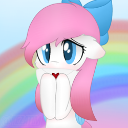Size: 720x720 | Tagged: safe, artist:rezatim, oc, oc:snowy blossom, pegasus, pony, blushing, bow, cute, female, holding, looking at someone, love letter, mare, rainbow, trace