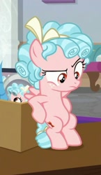 Size: 717x1235 | Tagged: safe, screencap, cozy glow, pegasus, pony, g4, school raze, belly, bipedal, bipedal leaning, cropped, female, leaning, looking down, solo, toy box