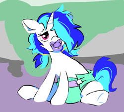 Size: 1280x1152 | Tagged: safe, artist:onc3l3rphobix, dj pon-3, vinyl scratch, pony, unicorn, g4, adult foal, alternate hairstyle, cute, diaper, diaper fetish, fetish, hair over one eye, non-baby in diaper, pacifier, pigtails, simple background, sleepy, solo