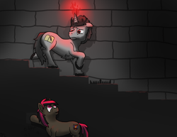 Size: 3300x2550 | Tagged: safe, artist:tofuslied-, oc, earth pony, pony, unicorn, bear trap, floppy ears, glowing horn, high res, horn, stairs, tally marks, this will not end well, trap (device)