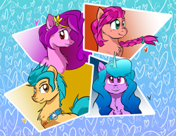Size: 1057x816 | Tagged: safe, artist:stec-corduroyroad, hitch trailblazer, izzy moonbow, pipp petals, sunny starscout, earth pony, pegasus, pony, unicorn, g5, female, male, mare, red eyes, red-eyed pipp, spoilers:gen5, stallion