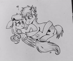 Size: 3456x2923 | Tagged: safe, artist:dreamy990, oc, oc only, pegasus, pony, female, high res, horn, male, mare, snuggling, stallion, traditional art