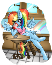 Size: 1280x1595 | Tagged: safe, artist:ladylullabystar, rainbow dash, pegasus, anthro, unguligrade anthro, g4, cellphone, clothes, egghead, egghead dash, floating wings, phone, sexy, shirt, shorts, solo, stupid sexy rainbow dash, wings