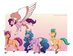 Size: 2096x1600 | Tagged: safe, artist:inuhoshi-to-darkpen, hitch trailblazer, izzy moonbow, pipp petals, sunny starscout, earth pony, pegasus, pony, unicorn, g5, abstract background, braid, chest fluff, ear fluff, female, hoof fluff, male, mare, one eye closed, red eyes, red-eyed pipp, simple background, skinny pipp, smiling, spread wings, stallion, tongue out, transparent background, unshorn fetlocks, wing fluff, wings