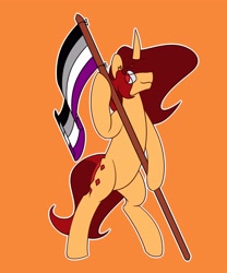 Size: 2500x3000 | Tagged: safe, artist:sile-animus, oc, oc only, oc:sile, pony, unicorn, asexual, asexual pride flag, bipedal, flag, flag pole, high res, holding a flag, horn, male, pride, pride flag, solo, stallion, standing, unicorn oc