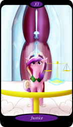 Size: 1500x2591 | Tagged: safe, artist:sixes&sevens, part of a set, princess cadance, alicorn, pony, g4, balcony, cloak, clothes, curtains, female, justice, levitation, looking up, magic, major arcana, rapier, scales, solo, sword, tarot card, telekinesis, weapon