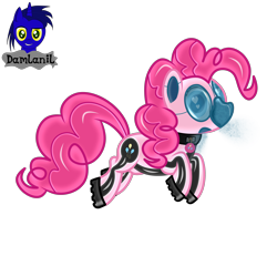 Size: 4154x3840 | Tagged: safe, artist:damlanil, pinkie pie, earth pony, pony, g4, boots, clothes, collar, commission, cutie mark accessory, cutie mark collar, female, gas mask, heart, heart eyes, latex, looking at you, mare, mask, raised hoof, rubber, rubber drone, shiny, shiny mane, shoes, show accurate, simple background, solo, transformation, transparent background, vector, wingding eyes