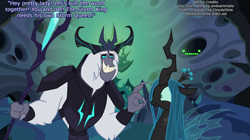 Size: 1920x1079 | Tagged: safe, artist:andoanimalia, artist:cloudy glow, artist:jeatz-axl, edit, vector edit, queen chrysalis, storm king, changeling, changeling queen, yeti, g4, my little pony: the movie, antagonist, armor, beast, caption, changeling hive, claws, crack shipping, crown, fangs, female, flirting, grin, image macro, jewelry, nose wrinkle, regalia, scrunchy face, shipping, smiling, speechless, staff, staff of sacanas, storm king's emblem, stormchrysalis, text, vector, wide eyes