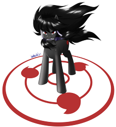 Size: 4402x4803 | Tagged: safe, artist:danmakuman, oc, oc only, oc:midnight radiance (sixpathspony), earth pony, pony, absurd resolution, cutie mark, flowing hair, looking at you, magic, magic circle, male, mouth hold, naruto, red eyes, sharingan, simple background, solo, transparent background, weapon