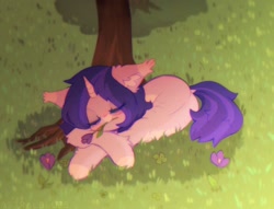 Size: 1594x1218 | Tagged: safe, artist:astralblues, oc, oc only, pony, unicorn, ear fluff, eyes closed, female, flower, flower in mouth, grass, hoof fluff, lying down, mare, mouth hold, sleeping, sleepy, solo, tree