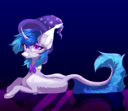 Size: 3000x2600 | Tagged: safe, artist:jsunlight, oc, oc only, oc:astral blues, pony, unicorn, bowtie, chest fluff, coat markings, digital art, ear fluff, facial markings, hat, high res, hoof fluff, looking at you, lying down, prone, solo, star (coat marking), trade, wizard hat