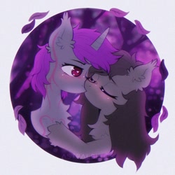 Size: 976x975 | Tagged: safe, artist:astralblues, oc, oc:ametist bell, earth pony, pony, unicorn, blushing, chest fluff, ear fluff, eyes closed, hoof fluff, horn, kissing, shy