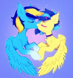 Size: 1325x1412 | Tagged: safe, artist:astralblues, oc, pegasus, pony, blushing, chest fluff, choker, cute, ear fluff, eyes closed, holding hooves, hoof fluff, hooves, kissing, shoulder fluff, shy, wings, wings down