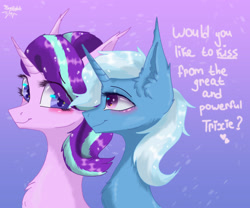 Size: 3000x2500 | Tagged: safe, artist:jsunlight, starlight glimmer, trixie, pony, unicorn, g4, female, grammar error, high res, lesbian, ship:startrix, shipping