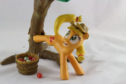 Size: 1280x854 | Tagged: safe, artist:azgchip, applejack, earth pony, pony, g4, accident, apple, apple tree, applebucking, bucket, bucking, craft, faic, falling, female, food, freckles, mare, photo, scared, sculpture, shocked, solo, tree, wax, wide eyes
