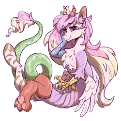 Size: 4000x4000 | Tagged: safe, artist:cherry_kotya, princess celestia, draconequus, g4, celestequus, claws, draconequified, horns, looking at you, mismatched horns, paw pads, paws, simple background, species swap, underpaw, wings