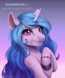 Size: 2500x3000 | Tagged: safe, artist:jessicanyuchi, izzy moonbow, pony, unicorn, g5, chest fluff, cute, female, gradient background, high res, izzybetes, looking at you, mare, signature, smiling, solo, text, unshorn fetlocks