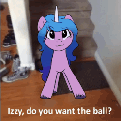 Size: 1000x1000 | Tagged: safe, artist:pucksterv, izzy moonbow, sunny starscout, earth pony, pony, unicorn, g5, my little pony: a new generation, animated, crash, cute, derp, female, izzy's tennis ball, izzybetes, meme, ponified meme, sound, tennis ball, that pony sure does love tennis balls, vine video, webm