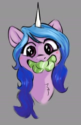 Size: 1782x2730 | Tagged: safe, artist:pucksterv, izzy moonbow, pony, unicorn, g5, behaving like a dog, blessed image, blushing, bust, chest fluff, female, gentlemen, gray background, horn, izzy's tennis ball, looking at you, mare, ponified animal photo, portrait, silly, silly pony, simple background, sketch, solo, tennis ball, that pony sure does love tennis balls