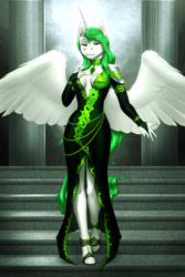 Size: 4000x6000 | Tagged: safe, artist:mykegreywolf, oc, oc only, oc:eos, alicorn, anthro, unguligrade anthro, absolute cleavage, alicorn oc, breasts, cleavage, clothes, commission, detailed background, dress, female, green eyes, green hair, horn, reasonably sized breasts, smiling, solo, wings