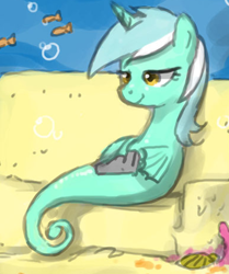 Size: 387x462 | Tagged: safe, artist:johnjoseco, edit, lyra heartstrings, fish, pony, sea pony, unicorn, g4, bedroom eyes, bubble, coral, couch, crepuscular rays, cropped, fins, meanwhile, meme, ocean, radio, seaponified, seapony lyra, seashell, sitting, sitting lyra, smiling, species swap, sunlight, underwater, water