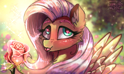 Size: 854x512 | Tagged: safe, artist:dreamyskies, fluttershy, pegasus, pony, g4, 3ds, :p, adorasexy, blushing, cute, daaaaaaaaaaaw, detailed, female, flirting, flower, forest background, heart, heart eyes, looking at you, mare, rose, sexy, shy, shyabetes, solo, sparkles, sunlight, tongue out, wingding eyes, wings