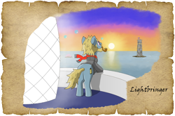 Size: 1500x1000 | Tagged: safe, alternate version, artist:malte279, oc, oc:lightbringer, earth pony, pony, tails of equestria, bubble, lighthouse, npc, ocean, parchment, pipe, sunset, tower, worldbuilding