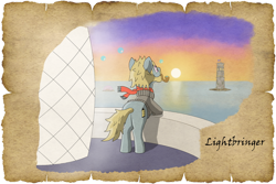 Size: 1024x683 | Tagged: safe, alternate version, artist:malte279, oc, oc:lightbringer, earth pony, pony, tails of equestria, bubble, lighthouse, npc, ocean, parchment, pipe, sunset, tower, worldbuilding