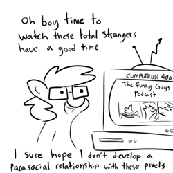 Size: 3000x3000 | Tagged: safe, artist:tjpones, oc, oc only, oc:tjpones, earth pony, pony, black and white, dialogue, glasses, grayscale, high res, male, monochrome, simple background, solo, stallion, television, white background