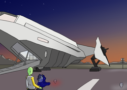 Size: 1414x1000 | Tagged: safe, artist:happy harvey, nightmare moon, oc, oc:anon, alicorn, human, pony, g4, anvil aerospace, carrack, crossover, evening, female, landing gear, landing strip, male, mare, phone drawing, spaceship, star citizen, stars, streetlight, sunset, turret