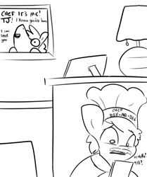 Size: 3000x3591 | Tagged: safe, artist:tjpones, oc, oc only, oc:tjpones, earth pony, pony, black and white, cellphone, chef, chef's hat, desk, duo, grayscale, hat, high res, male, monochrome, phone, smartphone, stallion
