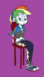 Size: 1088x1896 | Tagged: safe, artist:bugssonicx, artist:csxz, color edit, edit, rainbow dash, human, equestria girls, g4, angry, arm behind back, bondage, bound and gagged, cloth gag, clothes, colored, dashsub, female, femsub, gag, pants, rainbond dash, rope, rope bondage, shoes, sneakers, submissive, tied to chair, tied up