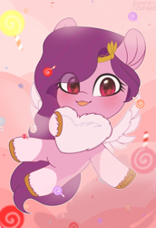 Size: 1641x2379 | Tagged: safe, artist:auroracursed, pipp petals, pegasus, pony, g5, my little pony: a new generation, :p, adorapipp, candy, chibi, cute, cutie mark, female, fluffy, food, heart, heart eyes, lollipop, mare, red eyes, red-eyed pipp, signature, solo, tongue out, wingding eyes