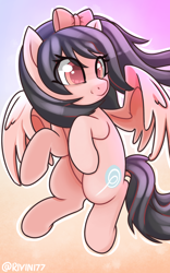 Size: 1500x2400 | Tagged: safe, artist:rivin177, oc, oc only, pegasus, pony, black hair, bow, commission, flying, solo