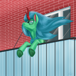 Size: 3000x3000 | Tagged: safe, artist:dadio46, oc, oc only, oc:lex rudera, kirin, balcony, brick wall, cloven hooves, flowing mane, glasses, high res, horn, kirin oc, looking in the distance, male, smiling, solo, stallion