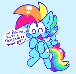 Size: 1074x1051 | Tagged: safe, artist:creepincrawl, rainbow dash, pegasus, pony, g4, blue background, cute, dashabetes, dialogue, eyes closed, female, flying, happy, implied pinkie pie, mare, open mouth, simple background, solo, speech bubble, tongue out, x3