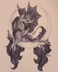 Size: 1657x2048 | Tagged: safe, artist:creeate97, princess luna, alicorn, pony, g4, bat wings, crescent moon, hybrid wings, monochrome, moon, solo, tangible heavenly object, traditional art, wings